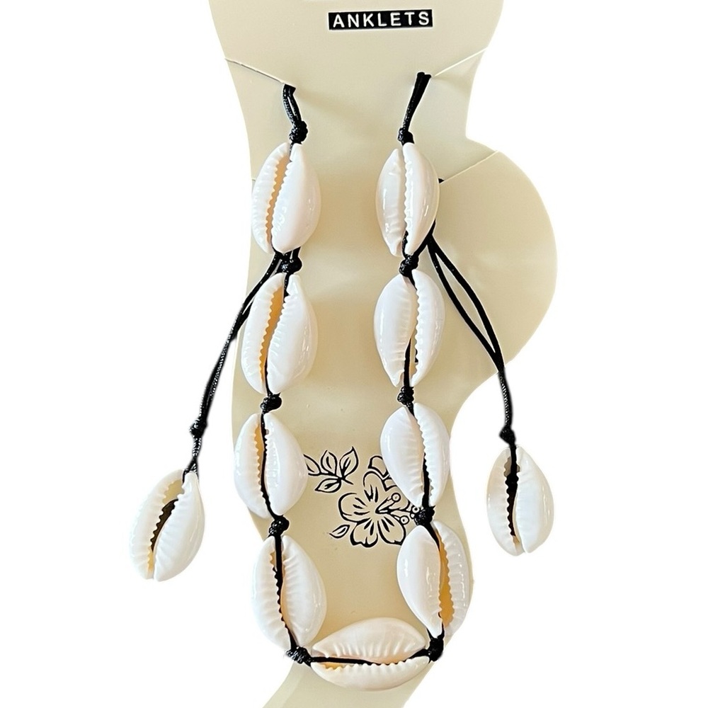 Black & Cream Seashell Shell Anklet Ankle Bracelet Adjustable Slip Knot Closure